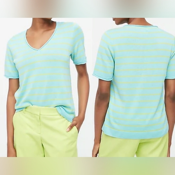 NWT!! J. Crew, Linen Short Sleeve Teal & Lemon Light Weight Sweater. Size XXL - Picture 1 of 8